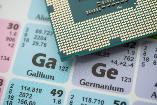 Ge (Germanium) Ga (Gallium) in the periodic table with CPU processor. US vs China chip war or tech war, microchip semiconductor industrial concept. China curbs on exports of rare germanium, gallium.