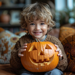Happy Halloween. Cute cheerful little boy laughs and holding orange pumpkin Jack-o-lantern while in cozy home. Made with generative ai.