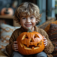 Happy Halloween. Cute cheerful little boy laughs and holding orange pumpkin Jack-o-lantern while in cozy home. Made with generative ai.