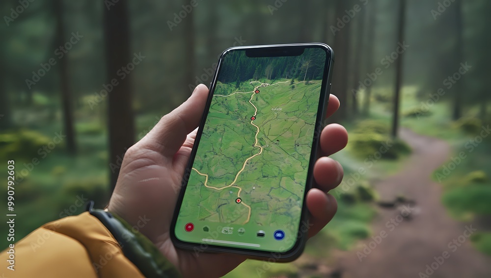 Poster a person uses a smartphone to navigate a trail in a forest.