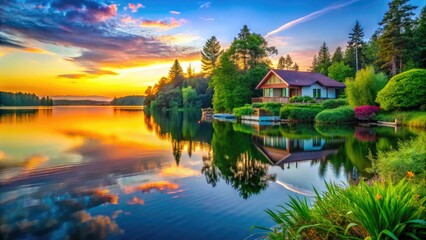 Fototapeta premium A tranquil lake house scene, surrounded by vibrant greenery, reflects the calm waters beneath a clear blue sky, illuminated by the warm hues of sunset.