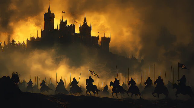 Dark medieval battle scene with silhouetted cavalry and infantry warriors fighting in front of a foggy castle. Medieval Battle. Illustration
