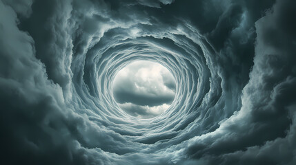 Dramatic grey sky with stormy clouds forming a tunnel or hole weather background. Tropical Storm. Illustration
