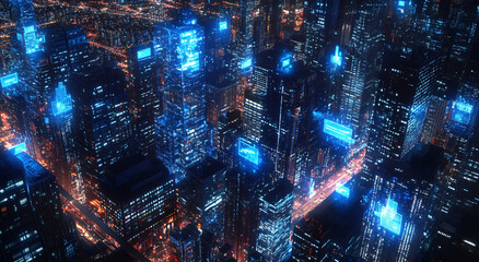 Wide-angle aerial view of the city skyline at night, with glowing connections between buildings and streetlights forming intricate networks representing smart urban infrastructure, featuring digital b