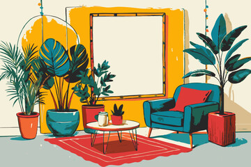 Contemporary Bohemian Living Room Design with Vibrant Plants and Modern Decor