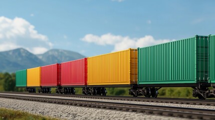 Fototapeta premium Colorful freight train containers on railway track with mountains in background.