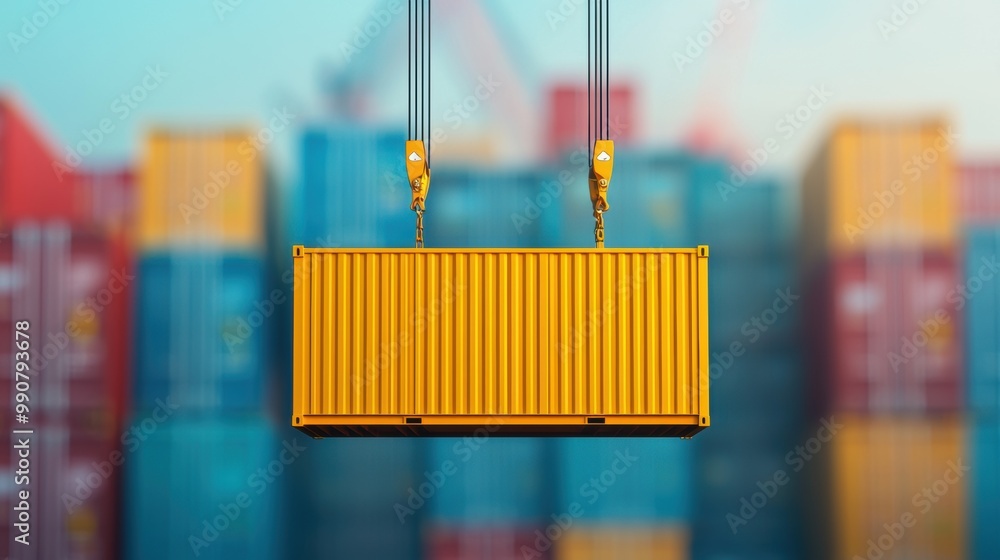 Wall mural crane lifting a yellow shipping container in a busy dock with blurred background.