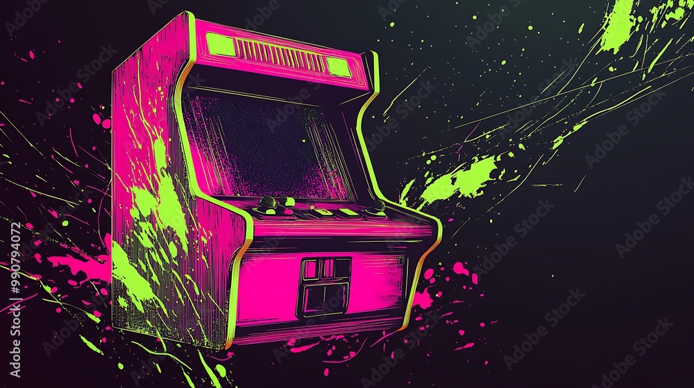 Poster a retro arcade game with neon paint splatters on a dark background.
