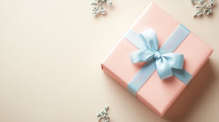 A beautifully wrapped pink gift box with a blue ribbon, surrounded by decorative elements.