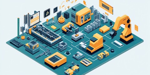Obraz premium A 3D isometric illustration of a factory with a robot arm, conveyor belt, and various machines, all connected by cables and wires.