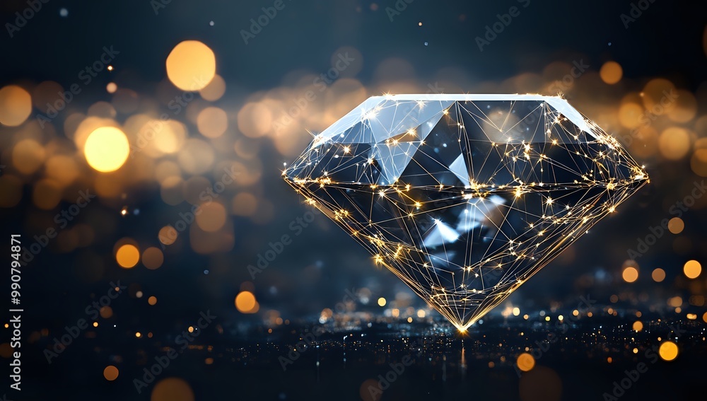 Poster a glowing diamond with a wireframe structure against a dark background with out-of-focus lights.