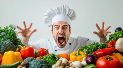 chef person with too many vegetables