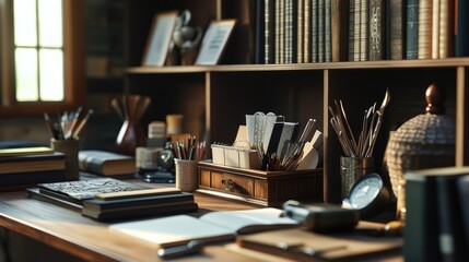 An elegant desk organizer filled with stationery and decorative elements