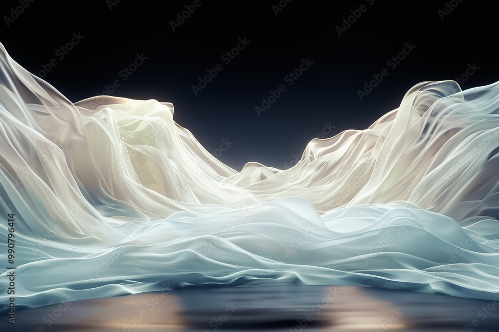 Poster waves of translucent fabric elegantly flow, with soft lighting enhancing the serene appearance. this
