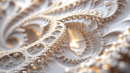 Fototapeta premium An intricate, swirling design featuring delicate, textured patterns in gold and white, resembling natural forms and abstract art.