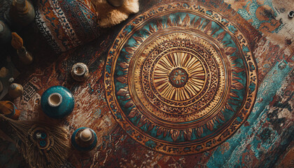 Fototapeta premium A collection of mandalas, dreamcatchers, and earthy tones, with intricate patterns and a warm, laid-back atmosphere