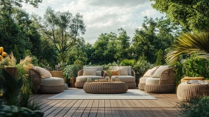 An outdoor lounge with a wooden deck, sustainable rattan seating, and a large garden view surrounded by eco-friendly design