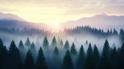 Obraz premium Misty Sunrise Over Forest Landscape