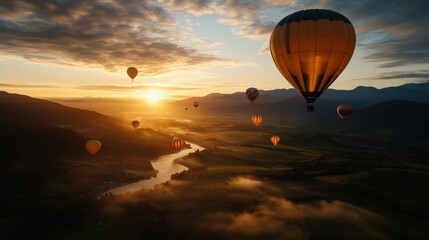 Naklejka premium A captivating sight at sunrise featuring numerous hot air balloons gliding over a river valley, illustrating the peacefulness and beauty of early morning vistas.
