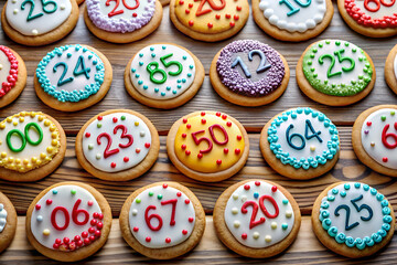 A row of colorful cookies with numbers on them, including 25, 26, 27, 28, 29, 30, 31, 32, 33, 34, 35, 36, 37, 38, 39, 40, 41, 42, 43, 44