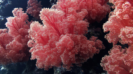 close-up view of vibrant red sea fans, which are a type of soft coral, against a contrasting dark background. 