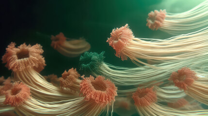 close-up of sea anemones with elongated tentacles in shades of pink and orange against a dark underwater background, highlighting the intricate details of these marine organisms.