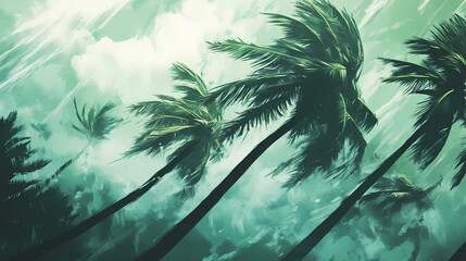 Gale-force winds bending palm trees during a tropical storm, extreme weather, powerful wind. Tropical Storm. Illustration