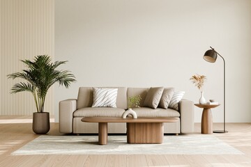 Modern living room with neutral tones and stylish decor, 3d render.