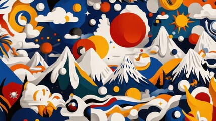 Fototapeta premium Abstract representation of a mountainous landscape interspersed with bold, colorful circular and star elements, creating a dynamic and whimsical visual effect.