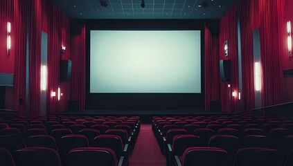Obraz premium Rows of red velvet seats in a movie theatre, facing a blank white screen.
