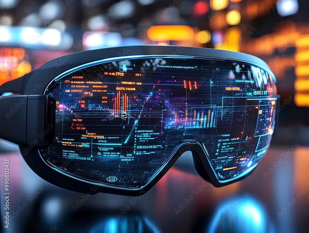 Poster a close-up of a futuristic vr headset displaying data and graphs.