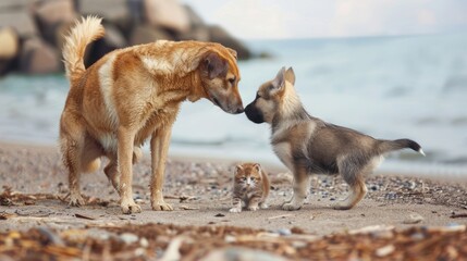 Naklejka premium Adorable baby cat and playful dog sniffing each other on a sunny beach, capturing a heartwarming moment of curiosity and friendship in a serene coastal setting, perfect for animal lovers and beach-