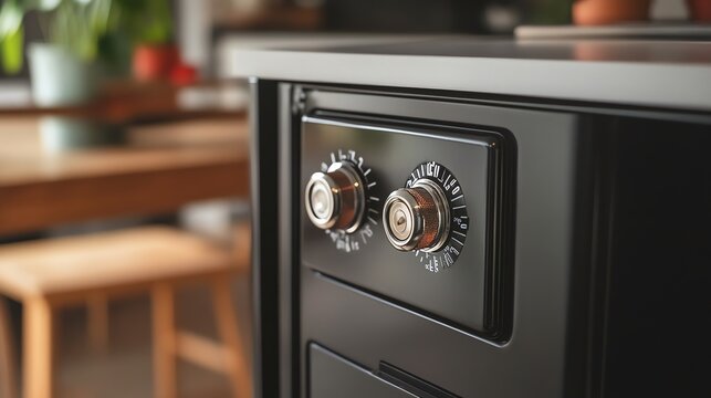 Close-up of the control knobs on a black oven in a modern kitchen.