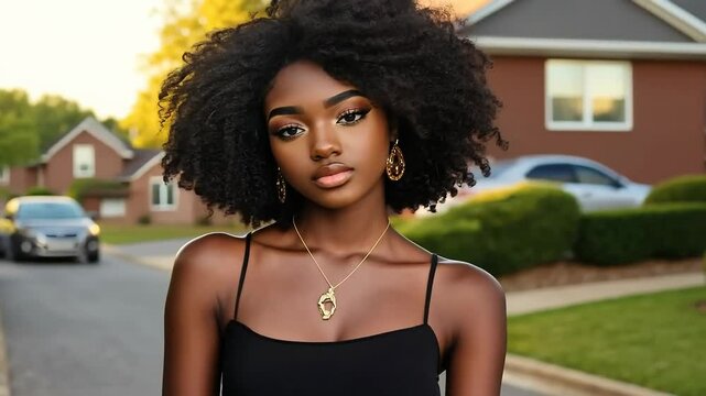 Elegant portrait of young woman with natural afro hair makeup
