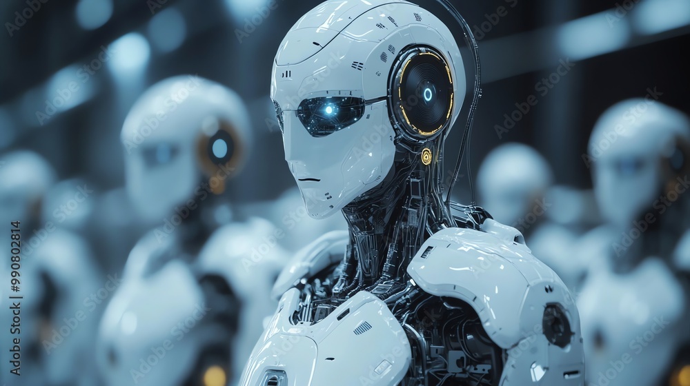 Poster a close-up of a humanoid robot with blue glowing eyes, standing in a line with other robots in a fut