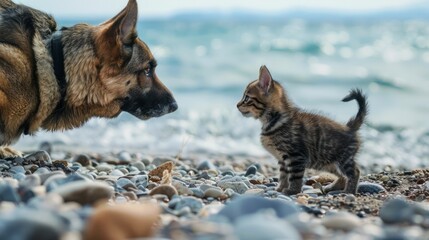 Adorable baby cat and playful dog sniffing each other on a sunny beach, capturing a heartwarming moment of curiosity and friendship in a serene coastal setting, perfect for animal lovers and beach-