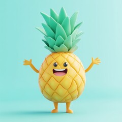 A cheerful cartoon pineapple character with a big smile and arms, set against a light background.