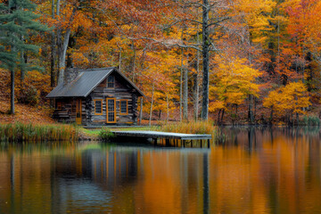 Fototapeta premium A serene wooden cabin by a tranquil lake surrounded by vibrant autumn foliage.