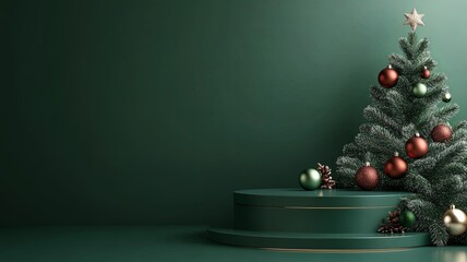 Festive Christmas scene podium for products showcase, promotional sale, minimalist green background --ar 16:9 --v 6.1 Job ID: 9ff6e49d-3a8f-4e28-a730-1552974a7633