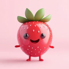 Fototapeta premium A cheerful cartoon strawberry character with a smiling face and green leaves.