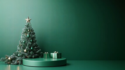 Festive Christmas scene podium for products showcase, promotional sale, minimalist green background --ar 16:9 --v 6.1 Job ID: 9ff6e49d-3a8f-4e28-a730-1552974a7633