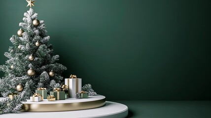 Festive Christmas scene podium for products showcase, promotional sale, minimalist green background --ar 16:9 --v 6.1 Job ID: 9ff6e49d-3a8f-4e28-a730-1552974a7633