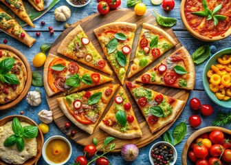 Fototapeta premium Host an exciting pizza party with an array of delicious slices, colorful toppings, and a vibrant atmosphere that will delight guests and create unforgettable memories.