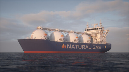 Cargo ship transporting natural gas. Realistic 3D render.