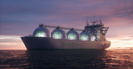 Large cargo ship transport green hydrogen. Realistic 3D render.