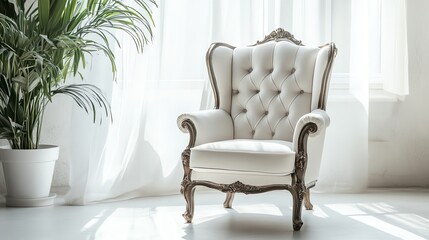 Naklejka premium A white armchair in a white room with a potted plant.