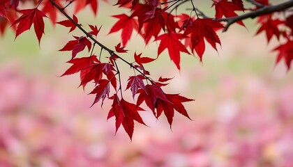 In mid-fall, an autumn branch, heavily laden with deep crimson leaves, appears to be caught in the silent moment of collapse, frozen in time as it succumbs to gravity.