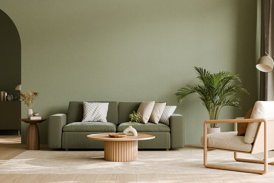 Modern living room with green sofa and potted plants. 3d render.
