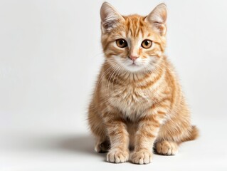 A cute orange tabby kitten sits attentively, showcasing its playful demeanor and striking amber eyes against a neutral background.