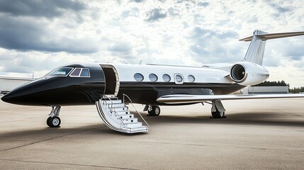 Fototapeta premium A private jet parked on the tarmac with a staircase.